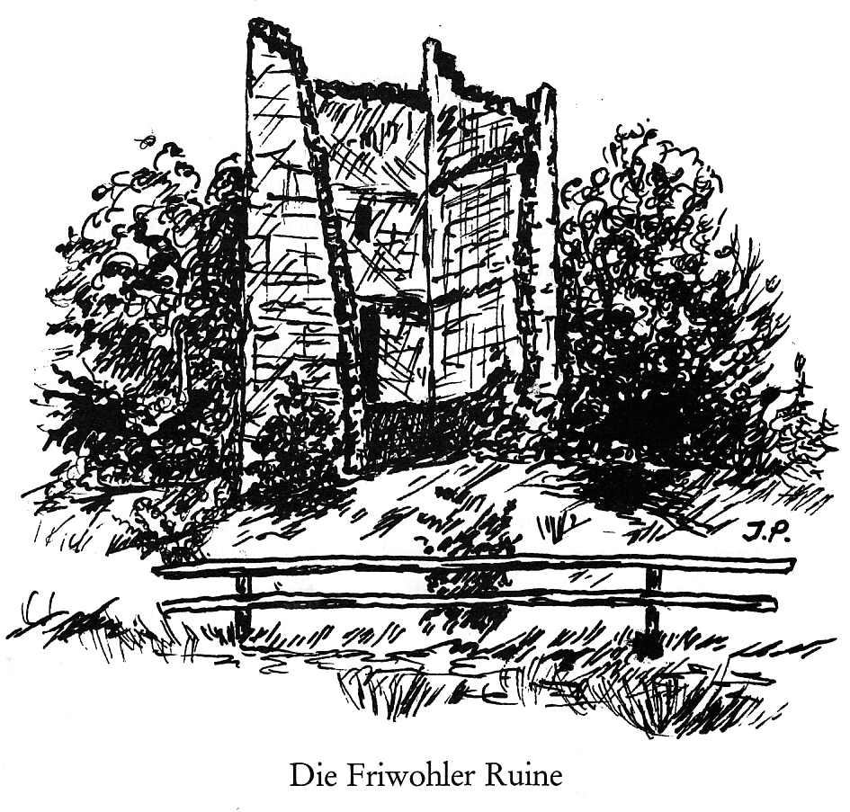 Zeichnung "Friwohler Ruine, Lödingsen;e" von Josef Peks, aus dem Buch Ut Löhnsen vertellt von Friedhelm Knüppel