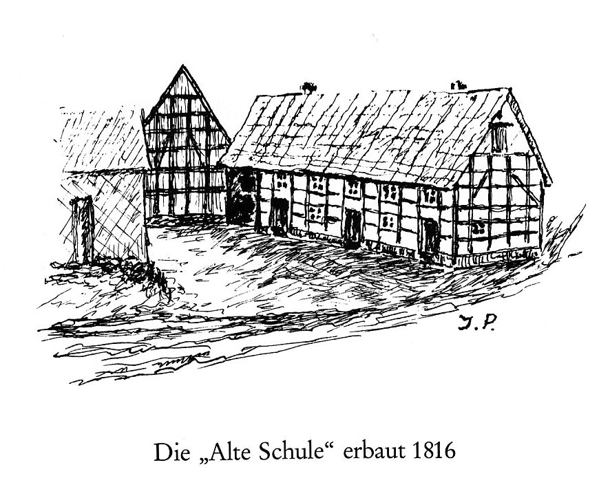 Zeichnung "Alte Schule 1816, Lödingsen;e" von Josef Peks, aus dem Buch Ut Löhnsen vertellt von Friedhelm Knüppel