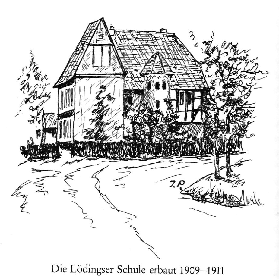 Zeichnung "Alte Schule 1910, Lödingsen;e" von Josef Peks, aus dem Buch Ut Löhnsen vertellt von Friedhelm Knüppel