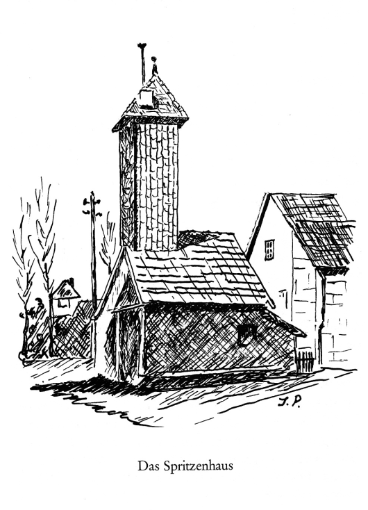Zeichnung "Spritzenhaus, Lödingsen;e" von Josef Peks, aus dem Buch Ut Löhnsen vertellt von Friedhelm Knüppel