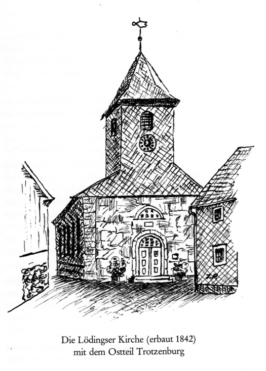 Zeichnung "St. Petri, Lödingsen;e" von Josef Peks, aus dem Buch Ut Löhnsen vertellt von Friedhelm Knüppel