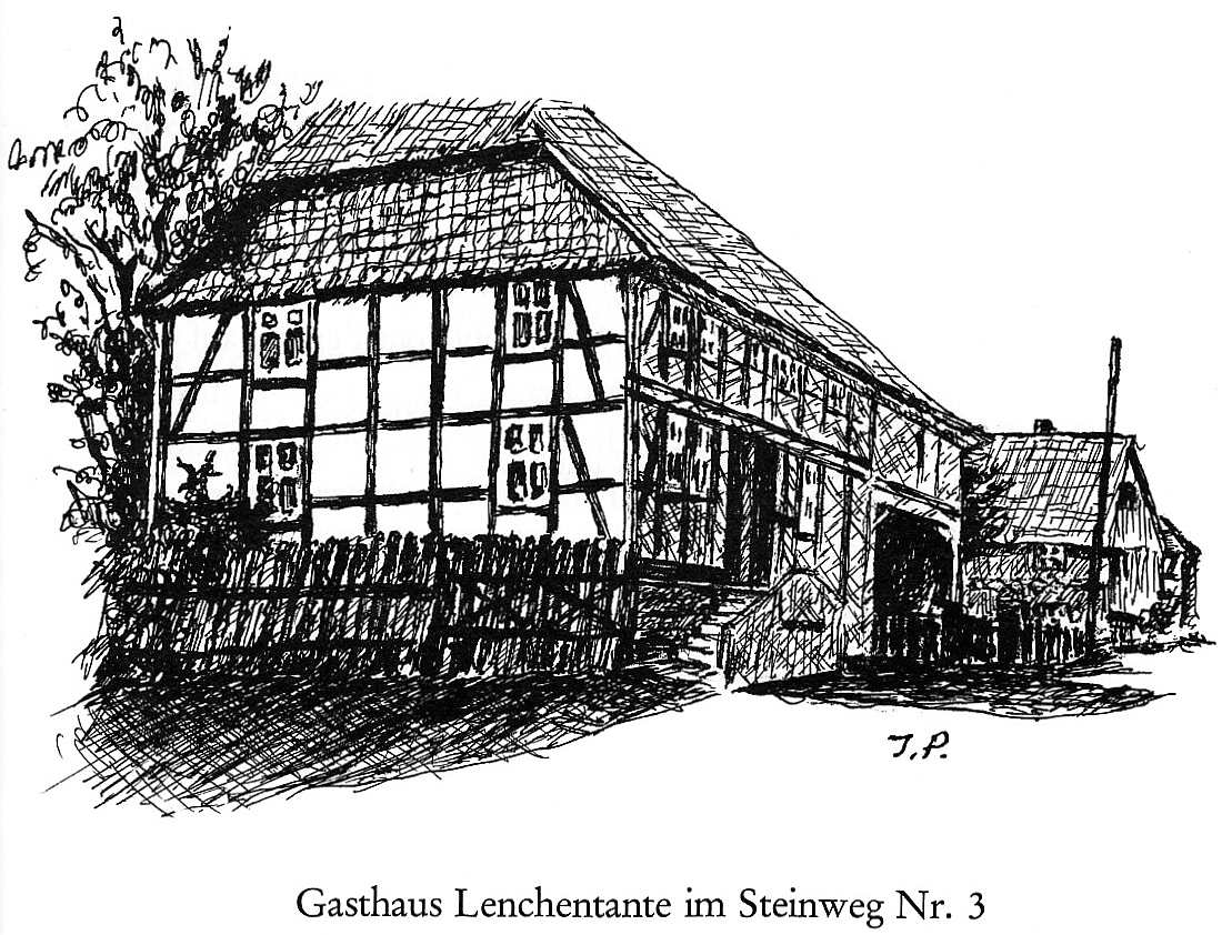 Zeichnung "Steinweg 3, Lödingsen;e" von Josef Peks, aus dem Buch Ut Löhnsen vertellt von Friedhelm Knüppel